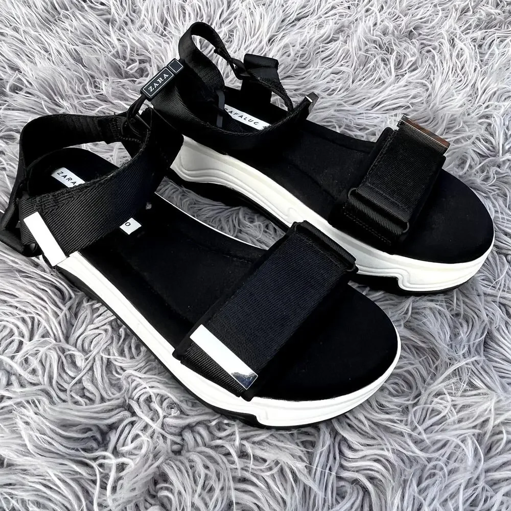 NWT Zara Trafaluc Chunky Platform Sandals Black White Adjustable Strap Womens 40